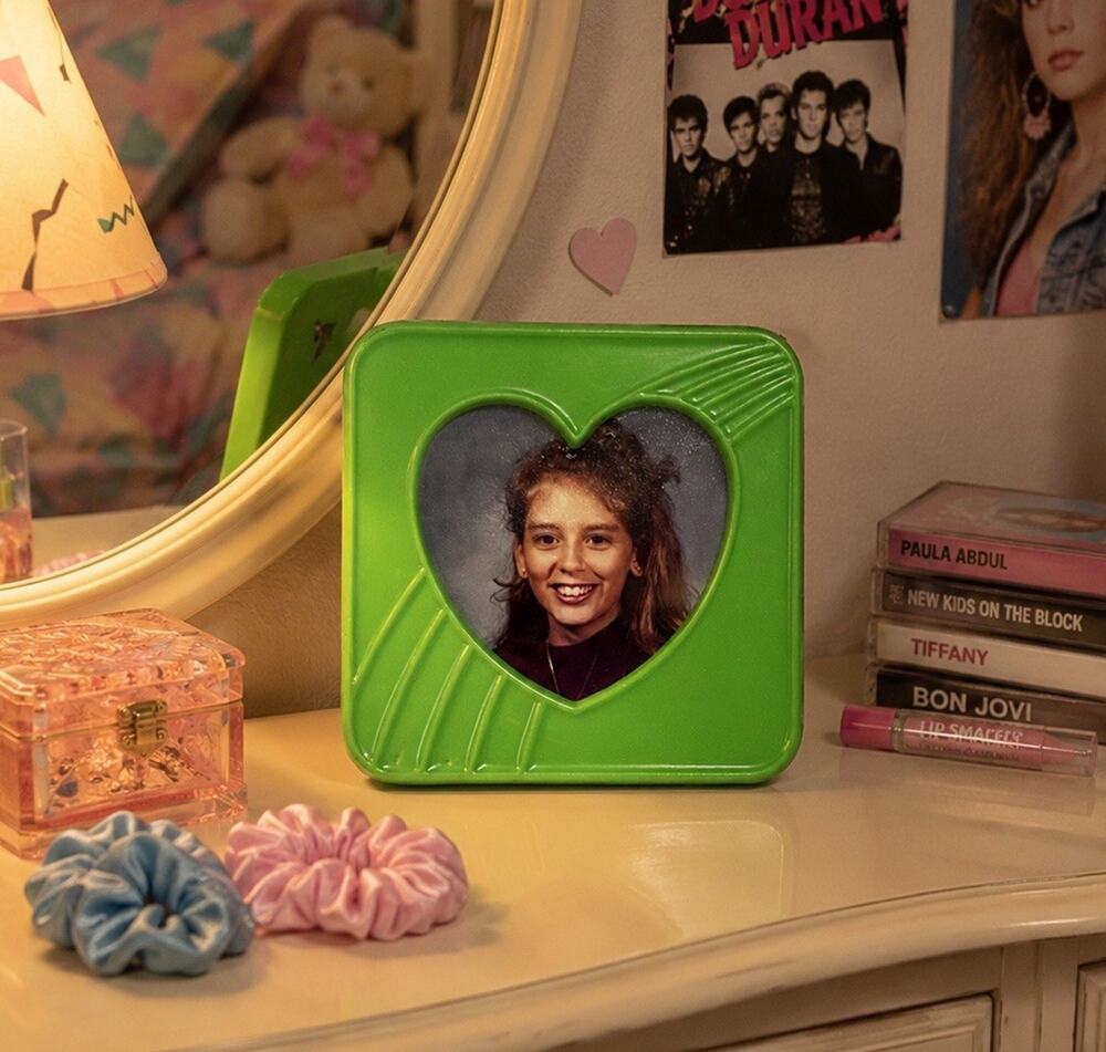 Vintage 1980s Neon Green Heart Frame School Portrait Pretty Girl Photo 3x3”